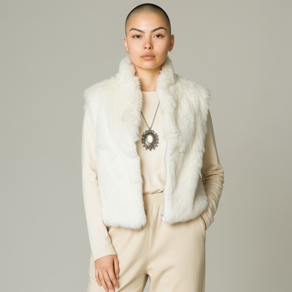 Vintage Split End Ltd. Boho Genuine Cream Rabbit Fur Vest Made in Hong Kong Sz L